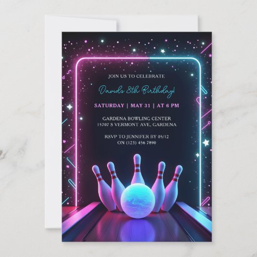Cool Neon Glow Bowling Birthday Party Einladung (Vorderseite)