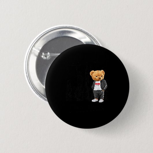Cool New York City Teddy Bear Illustration Graphic Button (Vorne & Hinten)