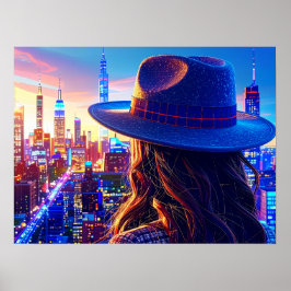 Cool NYC Girl in Fedora Nightscape Buildings Art Poster