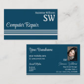 Cool Ocean Blue Light Gray mit Monogramm und Foto Visitenkarte (Vorne/Hinten)