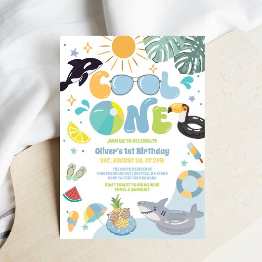 Cool One Pool Party Summer 1st Birthday Invitation Einladung