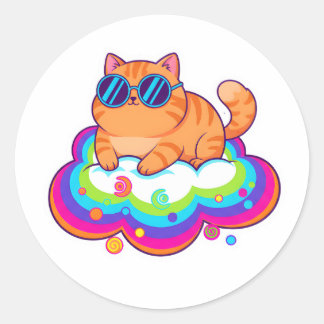 Cool Orange Cat Wearing Sunglasses on Rainbow Clou Runder Aufkleber