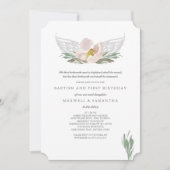 Cool Peach Watercolor Florals Angel Wings Taufe Einladung (Vorderseite)