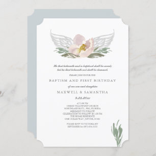 Cool Peach Watercolor Florals Angel Wings Taufe Einladung