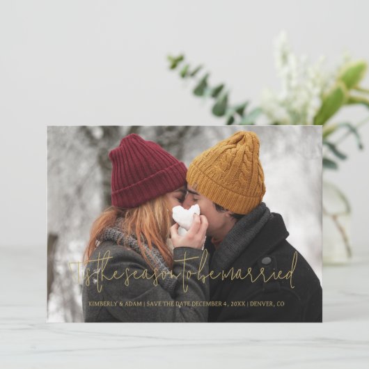 Cool Photo Christmas Wedding Elegant Modern Script Save The Date (Stehend Vorderseite)