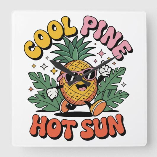 Cool Pine Hot Sun Retro Pineapple Summer Vibes Quadratische Wanduhr (Vorderseite)