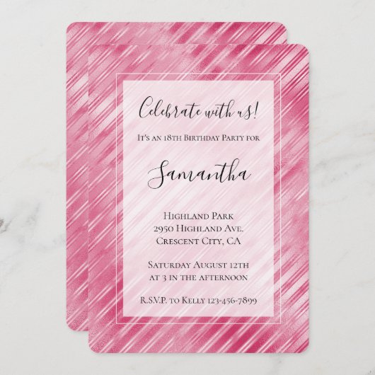 Cool Pink Glam Streifen Geburtstag Einladung (Vorne/Hinten)