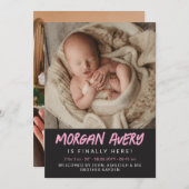 Cool Pink Marker Schriftart New Baby Girl Foto Ankündigung (Vorne/Hinten)