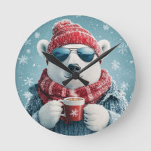 Cool Polar Bear Wall Clock with Hot Cocoa - Fun Wi