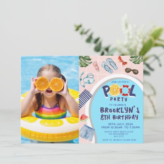 Cool Pool Party Foto Geburtstag Einladung (Stehend Vorderseite)