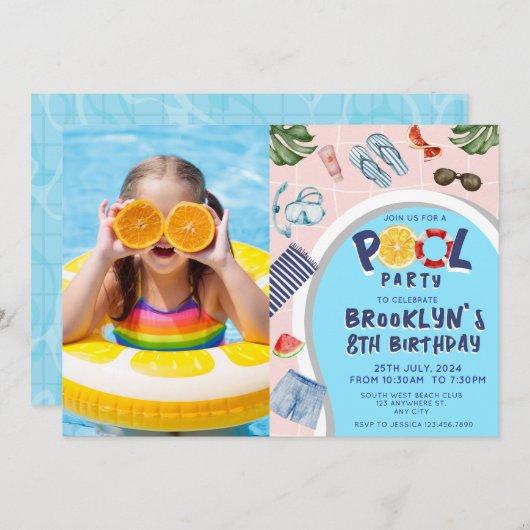 Cool Pool Party Foto Geburtstag Einladung (Vorne/Hinten)