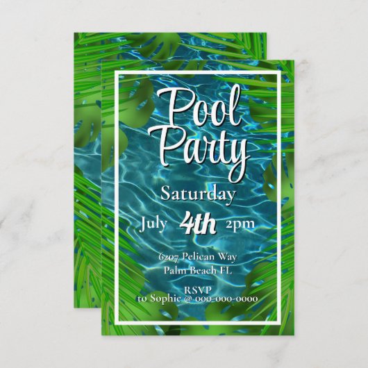 Cool Pool Party Palm Blätter Einladung (Vorne/Hinten)