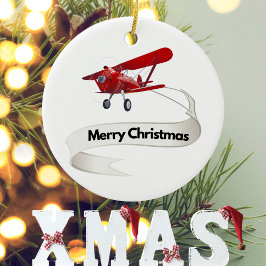 Cool Red Airplane & Santa, Frohe Weihnachtsbanner Keramik Ornament