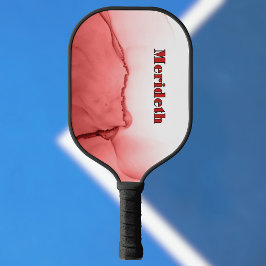 Cool Red and White Faux Alcohol Ink Pour Monogram Pickleball Schläger