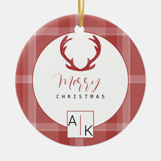 Cool Red Tartan Monogramm Keramik Ornament (Vorne)
