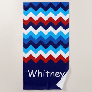 Cool Red White Chevrons Monogram Beach Handtuch