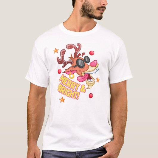 Cool Reindeer Merry Bright Holiday T-Shirt (Vorderseite)
