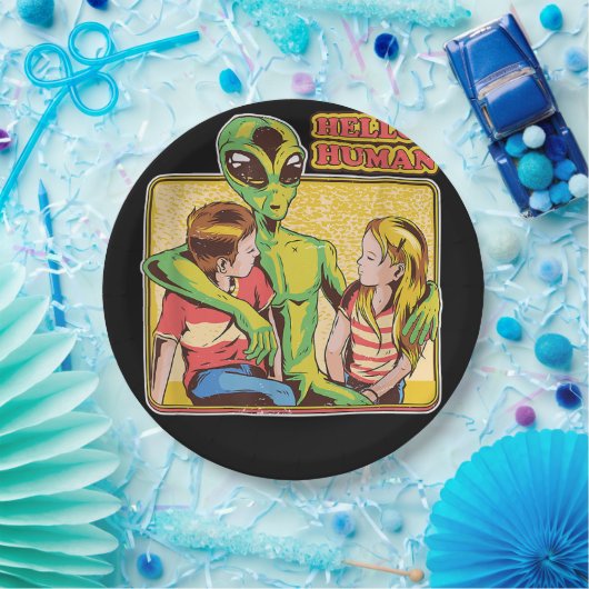 Cool Retro Alien ET Hello Humans Weltraumgalaxie Pappteller (Party)
