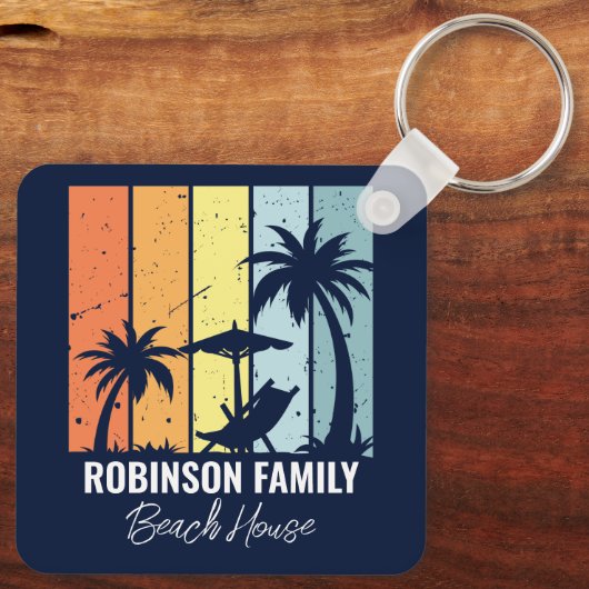 Cool Retro Beach House Custom Navy Blue Schlüsselanhänger (Rückseite)