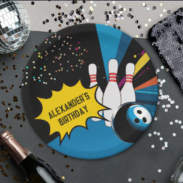 Cool Retro Blue Black Bowling Button Geburtstagspa Pappteller