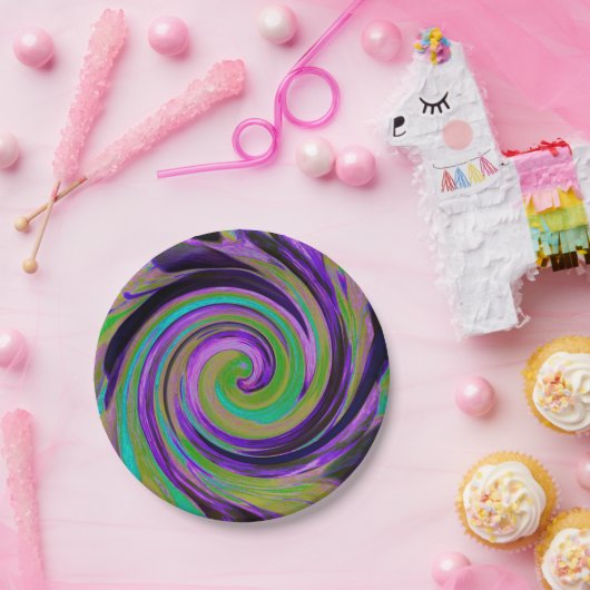 Cool Retro Lila und Chartreuse Liquid Art Swirl Pappteller (Party)