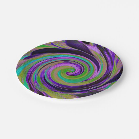 Cool Retro Lila und Chartreuse Liquid Art Swirl Pappteller (Schrägansicht)