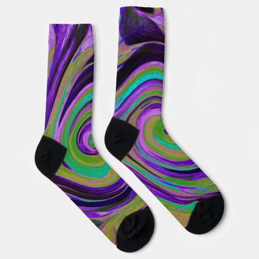 Cool Retro Lila und Chartreuse Liquid Art Swirl Socken (Rechts)