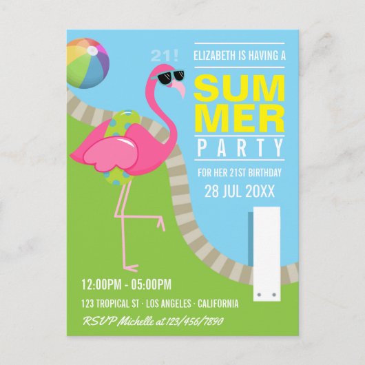 Cool rosa Flamingo Sommer Pool Geburtstagsparty Postkarte (Vorderseite)