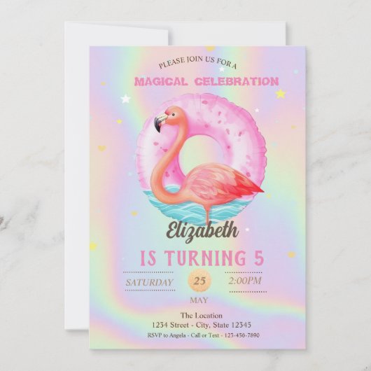 Cool rosa Flamingos Pool Float Holographic Einladung (Vorderseite)