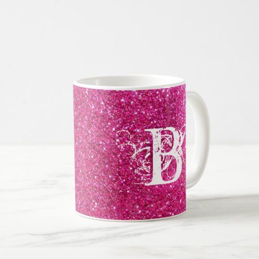 Cool rosa Glitzer Weiß Funky Monogram Custom Kaffeetasse (VorderseiteRechts)