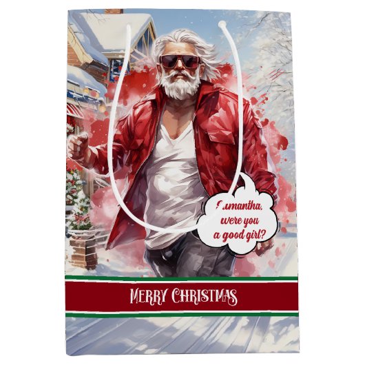 Cool Santa Claus Gift Bag Custom Name Keepsake Mittlere Geschenktüte (Vorderseite)