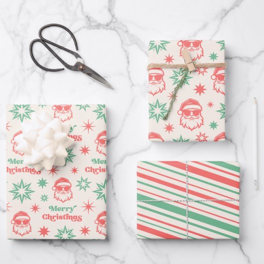 Cool Santa retro Merry Christmas pale red green Geschenkpapier Set (Vorderseite)