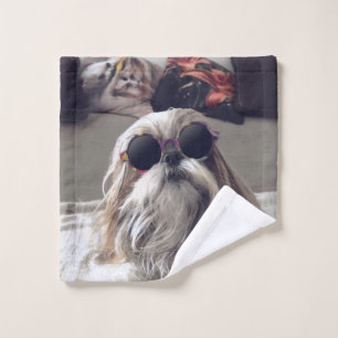 Cool Shih Tzu lang haar Vintag Sonnenbrille Foto Waschlappen
