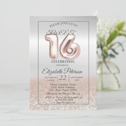 Cool Silver Rose Gold Bokeh Sweet 16 Party Einladung (Stehend Vorderseite)