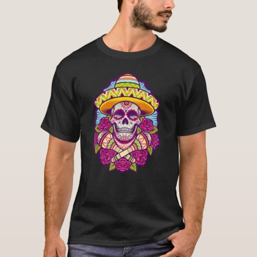 Cool Skull Graphic Sombrero Dia De Los Muertos T-Shirt (Vorderseite)