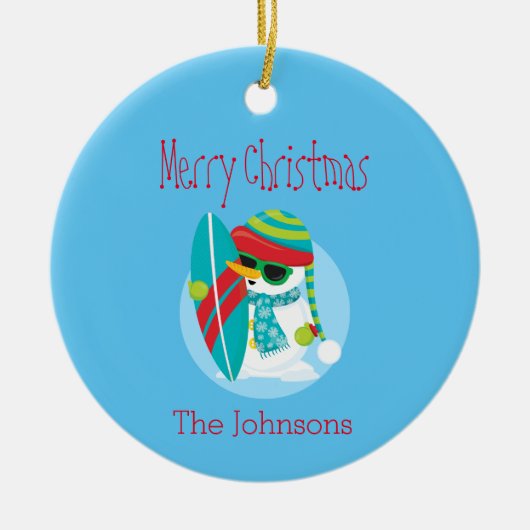 Cool Snowman Christmas Surfer Keramik Ornament (Vorne)