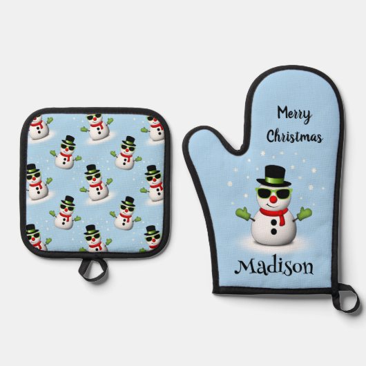 Cool Snowman Frohe Weihnachten Winter Individuelle Ofenhandschuh & Topflappen-Set (Vorderseite)