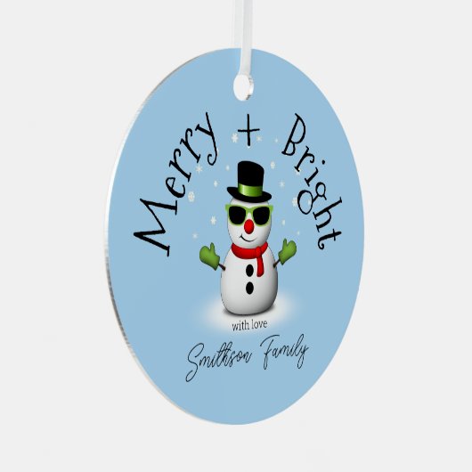 Cool Snowman Merry Bright Weihnachts Custom Family Ornament Aus Metall (Vorderseite Rechts)