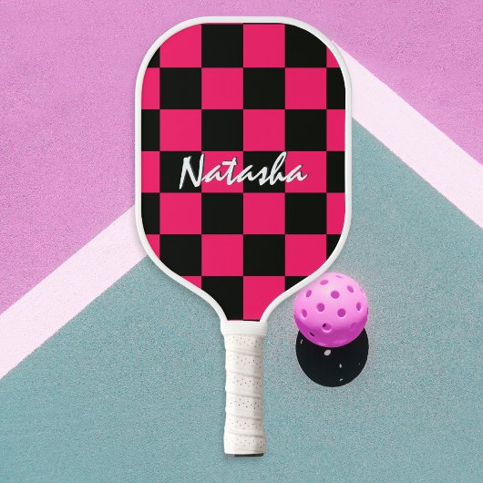 Cool Stilvoll Hot Pink Black Checkered Gemustert Pickleball Schläger