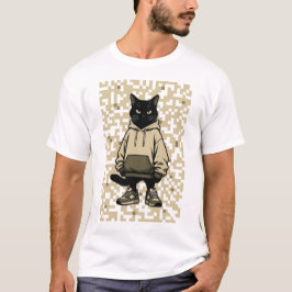 Cool Streetwear Black Cat in Hoodie: Pixelated Urb T-Shirt