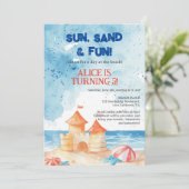 Cool Sun Fun Beach Party Sandburg Kindergeburtstag Einladung (Stehend Vorderseite)