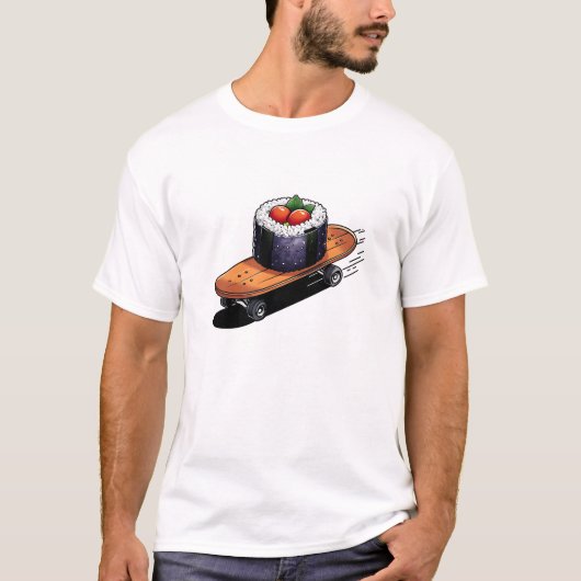 Cool Sushi auf einem Skateboard T - Shirt Design. (Vorderseite)