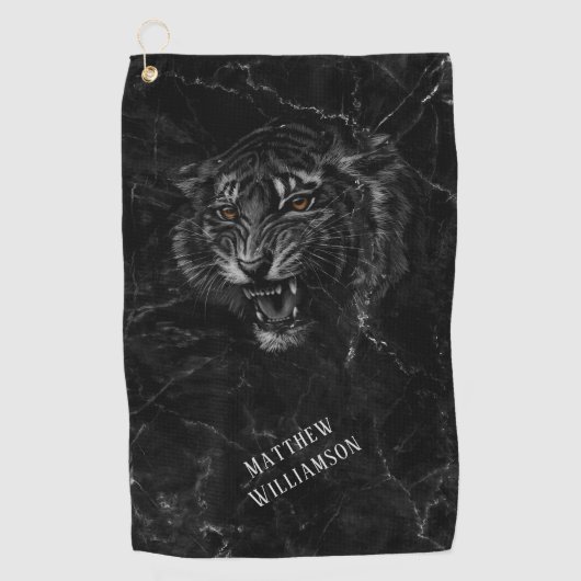 Cool Tiger Black Marble Background Monogram Golfhandtuch (Vorderseite)