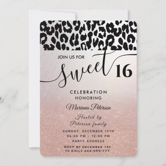Cool Trendy Rose gold ombre leopard sweet 16 Einladung (Vorderseite)