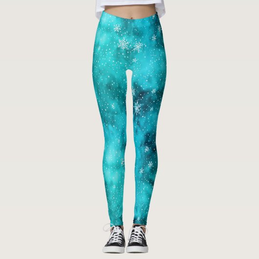 Cool Turquoise Winter Snow Pattern Watercolor Leggings (Vorderseite)
