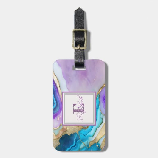 Cool Violet Blue Marble Texture, Monogram Gepäckanhänger (Vorderseite vertikal)