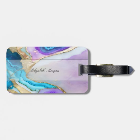 Cool Violet Blue Marble Texture, Monogram Gepäckanhänger (Rückseite horizontal)