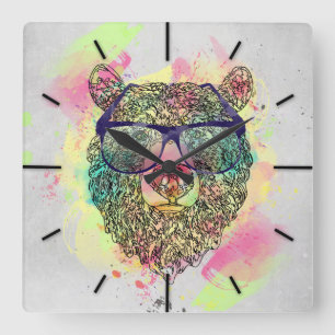 Cool watercolor bear with glasses design quadratische wanduhr