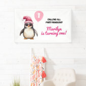 Cool Winter Pink Penguin First Birthday Girl Banner (Insitu)