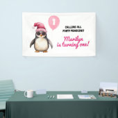 Cool Winter Pink Penguin First Birthday Girl Banner (Messeveranstaltung)